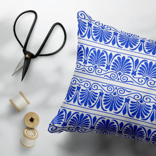 Greek Mediterranean Arabesque Pattern Blue Accent Pillow