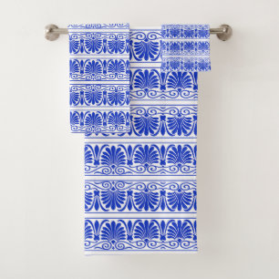 Greek Mediterranean Arabesque Pattern Blue Bath Towel Set