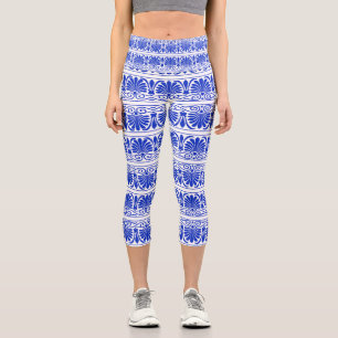 Greek Mediterranean Arabesque Pattern Blue Capri Leggings