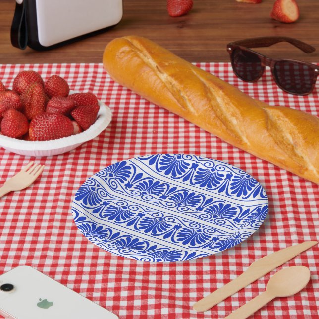 Greek Mediterranean Arabesque Pattern Blue Paper Plate (Picnic)