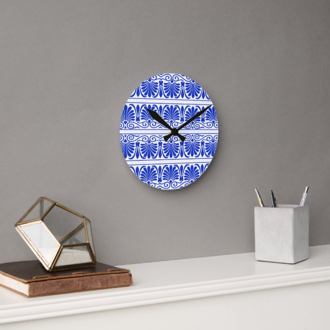 Greek Mediterranean Arabesque Pattern Blue Round Clock (Office)