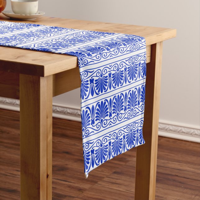 Greek Mediterranean Arabesque Pattern Blue Short Table Runner (In Situ)