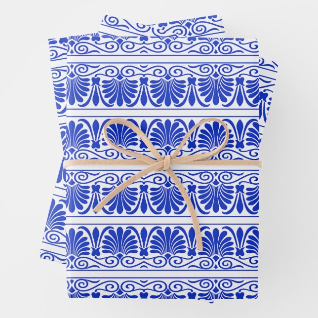 Greek Mediterranean Arabesque Pattern Blue Wrapping Paper Sheet (In situ)