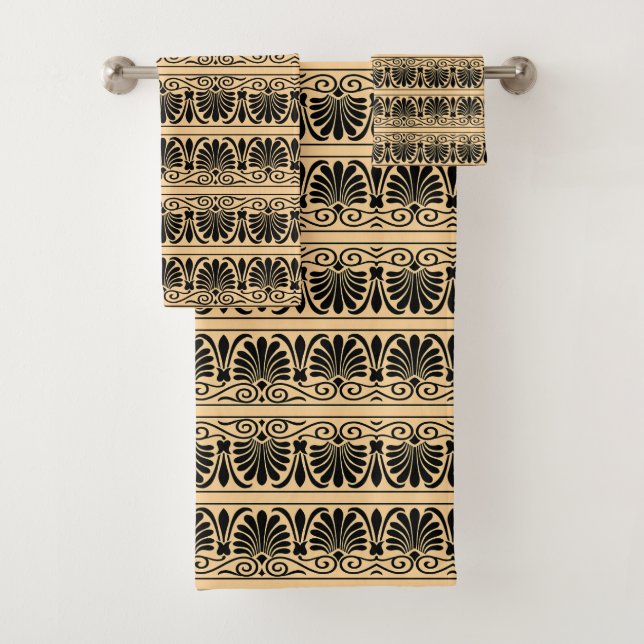 Greek Mediterranean Arabesque Pattern Brown Bath Towel Set (Insitu)