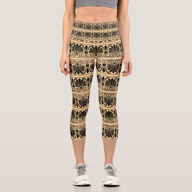 Greek Mediterranean Arabesque Pattern Brown Capri Leggings (Front)