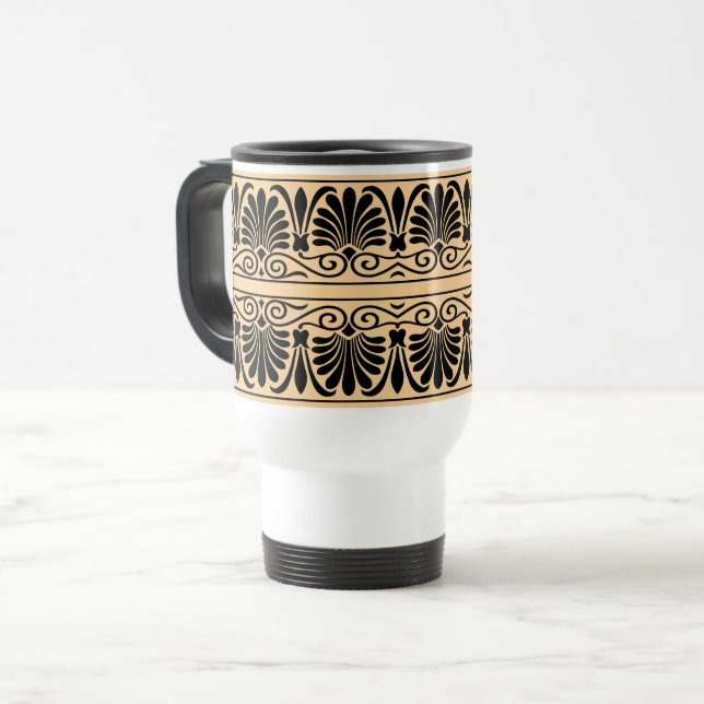 Greek Mediterranean Arabesque Pattern Brown Travel Mug (Front Left)