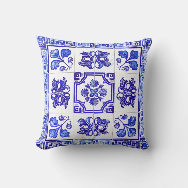 Greek mosaic: Cobalt and White Throw Pillow (Front)