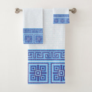 Greek Mosaic Tile Ornament - Shades of Blue Bath Towel Set