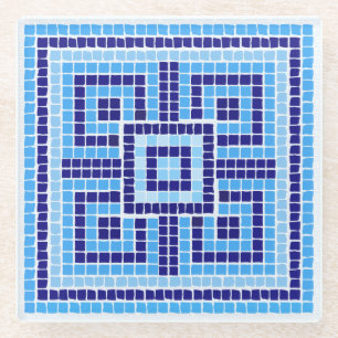 Greek Mosaic Tile Ornament - Shades of Blue Glass Coaster