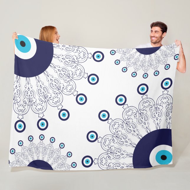 Greek Nazar Protective Evil Eye Mandala Pattern Fleece Blanket (In Situ)