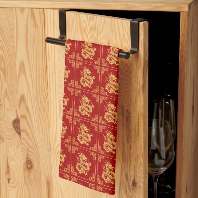 Greek Ornament Frame Gold Dragon Pattern Red  Kitchen Towel (Thirds Fold)