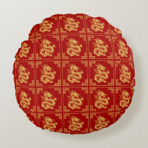 Greek Ornament Frame Gold Dragon Pattern Red Round Pillow