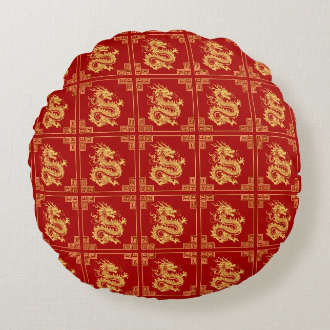 Greek Ornament Frame Gold Dragon Pattern Red  Round Pillow (Front)