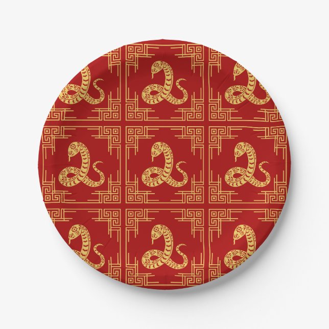 Greek Ornament Frame Gold Snake Pattern Red  Paper Plate (Front)