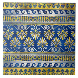 Greek Ornament with Meander Key Blue gemstone Tile