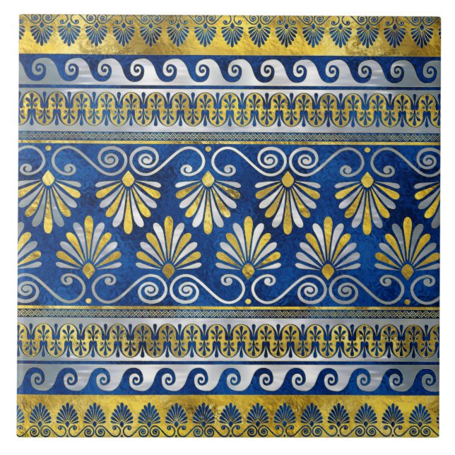 Greek Ornament with Meander Key Blue gemstone Tile (Front)