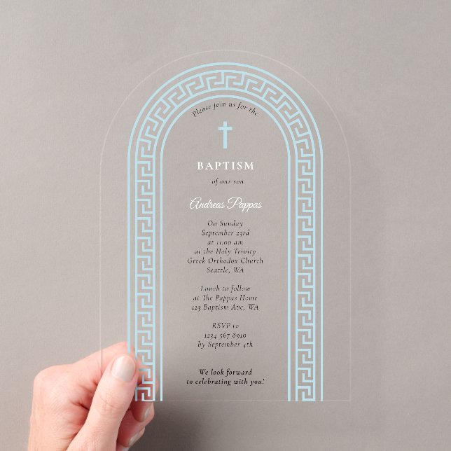 Greek Orthodox Christening Baptism Blue Greek Key  Acrylic Invitations (Insitu (Handheld))
