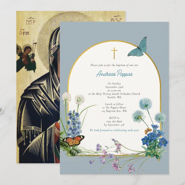 Greek Orthodox Christening Baptism Blue Wildflower Invitation (Front/Back)