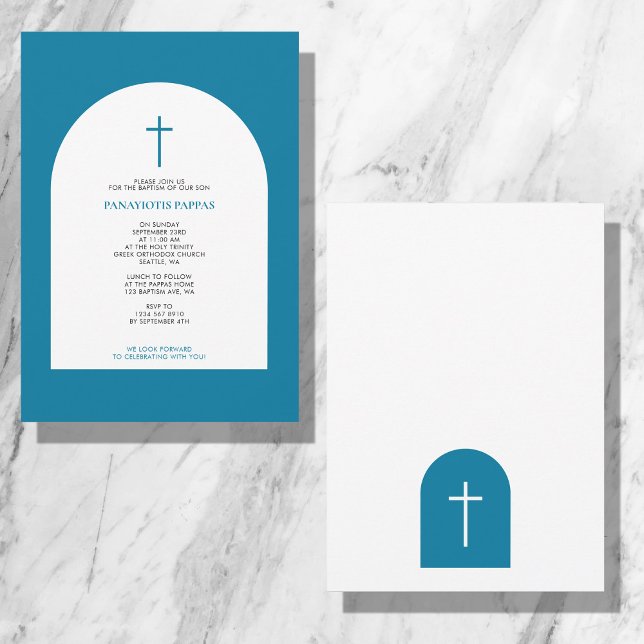 Greek Orthodox Christening Baptism Boy Blue Arch Invitation (Creator Uploaded)