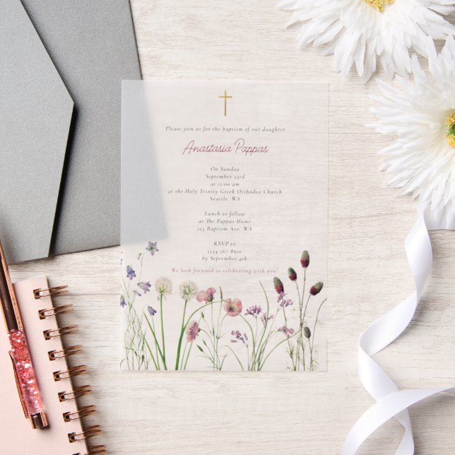 Greek Orthodox Christening Baptism Girl Wildflower Vellum Invitations (Wedding)