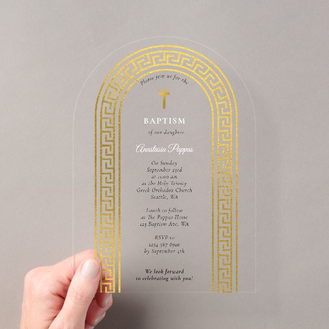 Greek Orthodox Christening Baptism Gold Greek Key  Acrylic Invitations (Insitu (Handheld))