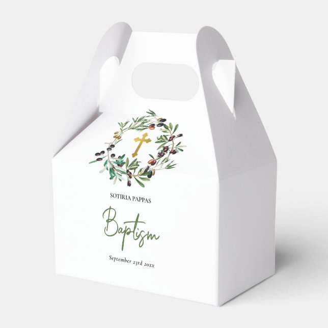 Greek Orthodox Christening Baptism Olives Greenery Favor Box (Front Side)