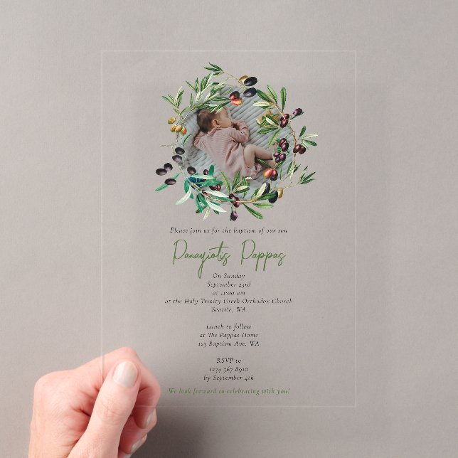 Greek Orthodox Christening Baptism Olives Photo Acrylic Invitations (Insitu (Handheld))