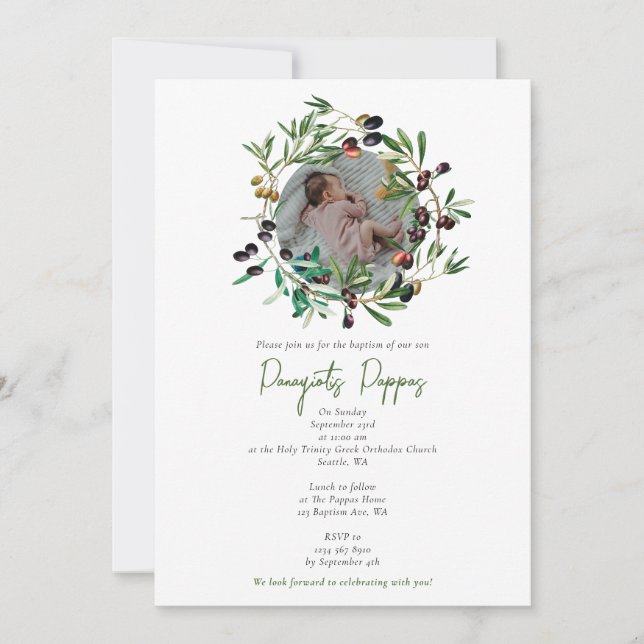 Greek Orthodox Christening Baptism Olives Photo Invitation (Front)