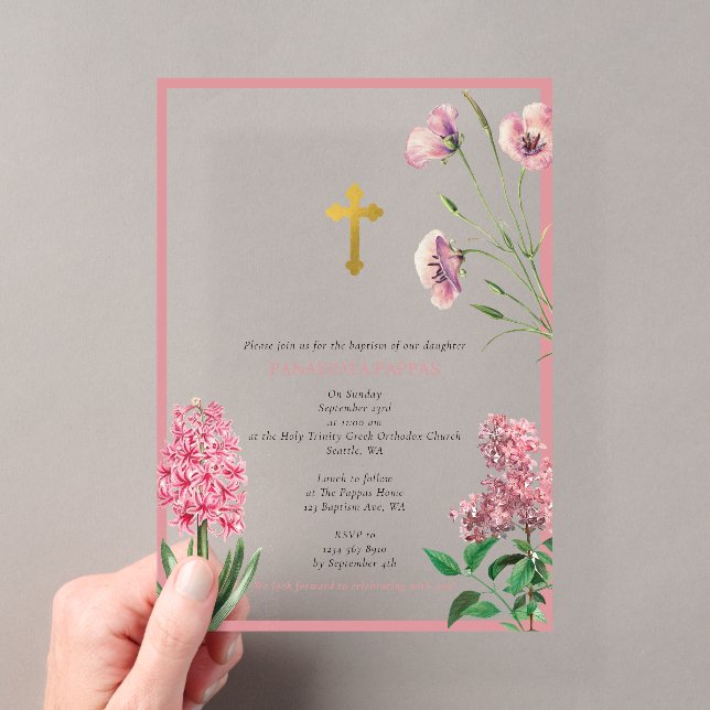 Greek Orthodox Christening Baptism Pink Floral Acrylic Invitations (Insitu (Handheld))