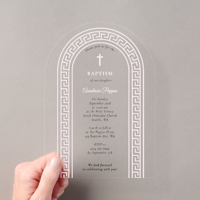 Greek Orthodox Christening Baptism Pink Greek Key  Acrylic Invitations (Insitu (Handheld))