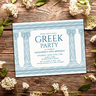 Greek party postcard invite with blue columns