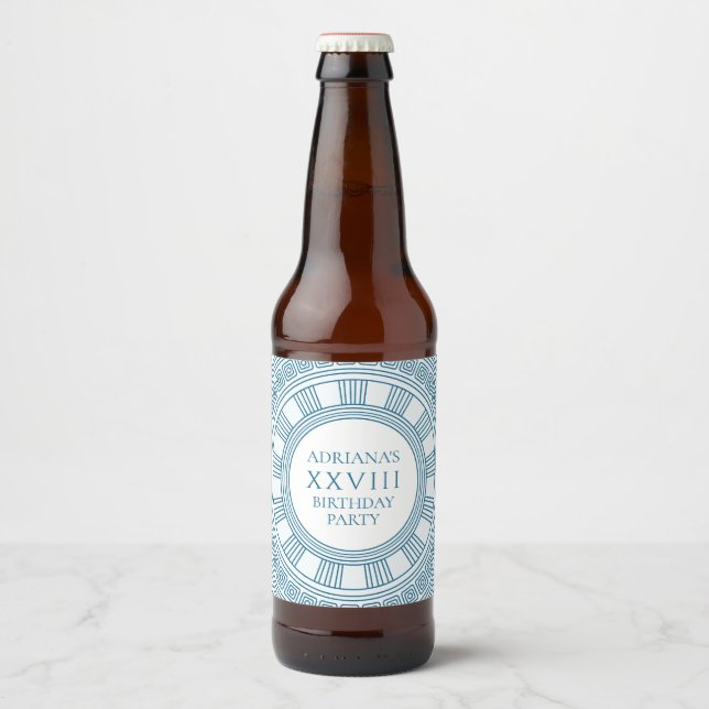 Greek party theme with blue pattern beer bottle label (Front)