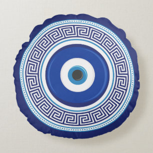 Greek Pattern Nazar Amulet Round Pillow