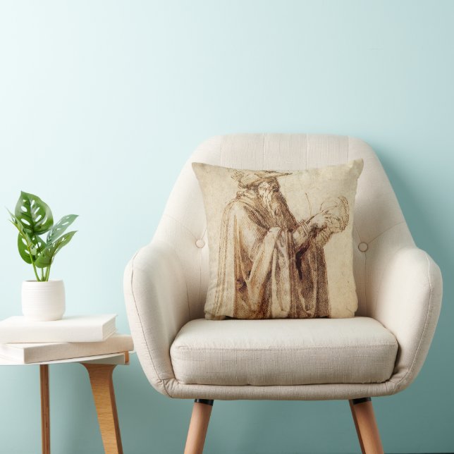 Greek Philosopher with Human Skull by Michelangelo Throw Pillow (Chair)
