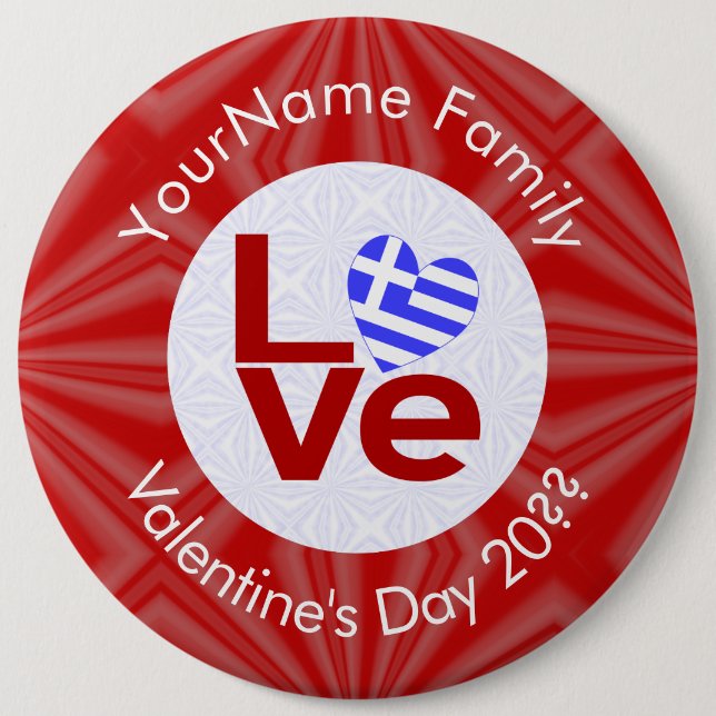 Greek Red LOVE Heart Flag Personalized  6 Inch Round Button (Front)