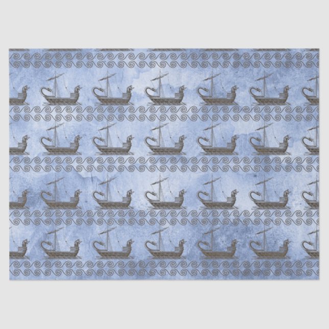 Greek Sailing Ships and Scroll on Blue Decoupage Tissue Paper (Front)