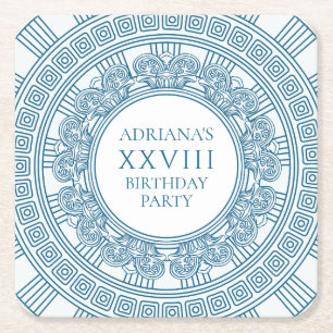 Greek toga birthday party with blue elements square paper coaster