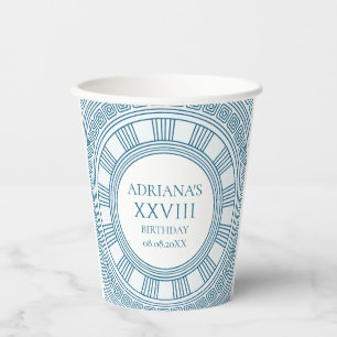 Greek toga party theme with blue pattern paper cups
