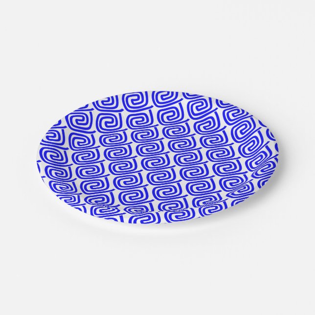 Greek Traditional Blue White Meander Fret Pattern Paper Plate (Angled)
