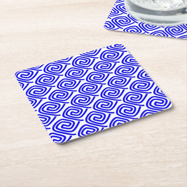 Greek Traditional Blue White Meander Fret Pattern Square Paper Coaster (Angled)