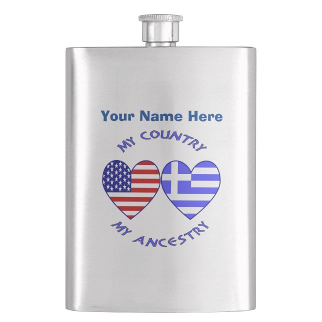 Greek USA Hearts Country Ancestry Personalized  Hip Flask (Front)