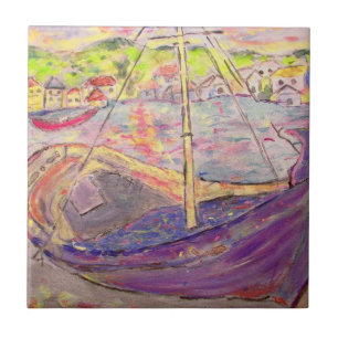 greek village sunset art tile