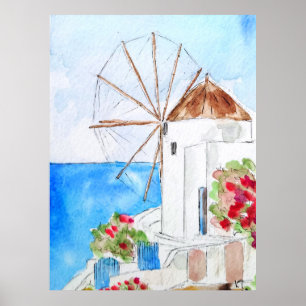 Greek windmill ink and watercolor  poster
