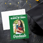 Green 2024 Graduate Photo Arch Modern Graduation Postcard<br><div class="desc">This modern green and white custom senior photo graduate announcement postcard features your high school or college name for the class of 2024. Customize with your name under the chic,  bold handwritten script and trendy arch for a great personalized graduation postcard.</div>