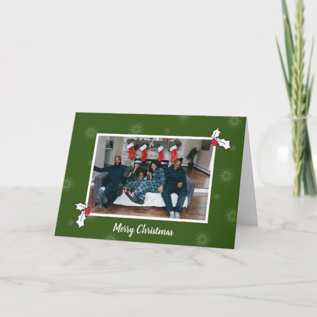 Green 2 Holly Berries Digital Photo Christmas Card (Front)