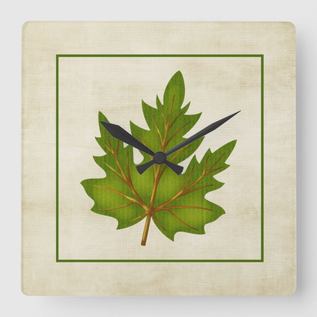 Green 2 Leaf Fall Season Themed Square Clock (Front)