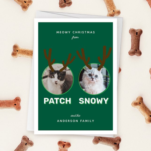 Green 2 Pet Photo Meowy Christmas Holiday Card (Green two photo pet Christmas holiday card with message "Howly Holidays" with two sets of antlers)