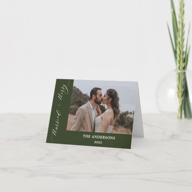 Green 2 Photo Merry Married Wedding Christmas Thank You Card (Front)