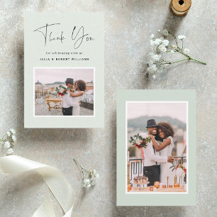 Green   2 Photo Modern Calligraphy Wedding Thank Y You Card