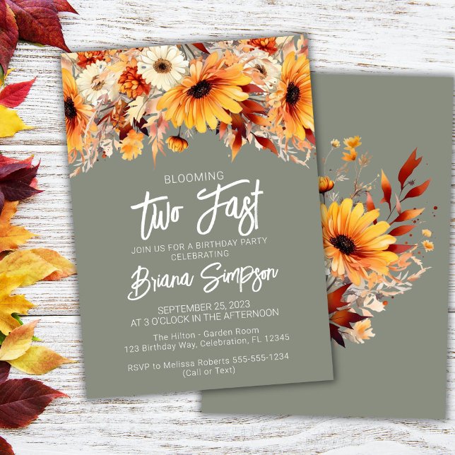 Green 2nd Birthday Fall Floral Invitation (Creator Uploaded)